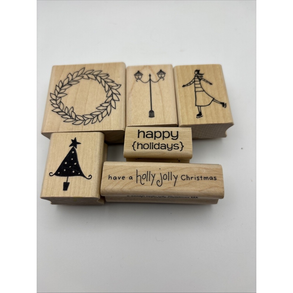 Lot of 6 Rubber Stamps Christmas‎ Winter Berry Wreath A Muse Artstamps Skater